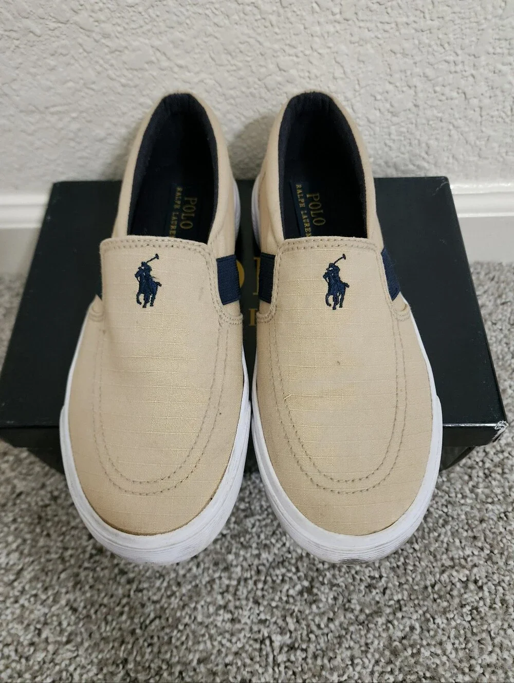 Polo by Ralph Lauren Beige Canvas Slip-On Loafers with Navy Trim